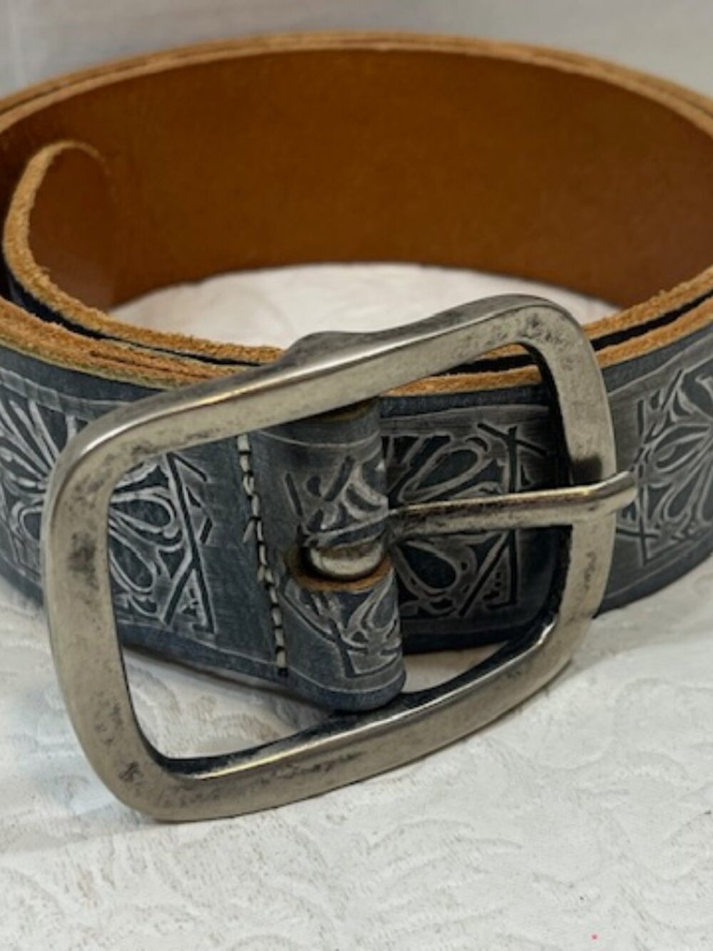 Fabio Corti Leather Embossed Belt Silver Buckle Made in Italy Blue Gray Small